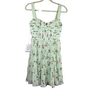 MS Self-Portrait Green Floral Pleat Mini Dress Women Size 2 NWT Sweetheart Cute